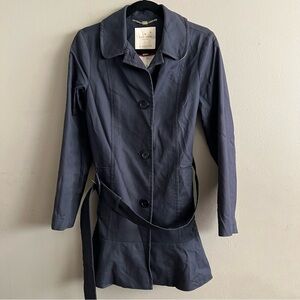 KATE SPADE Navy Blue Belted Trench Coat Ruffled Flair Bottom Sz XS